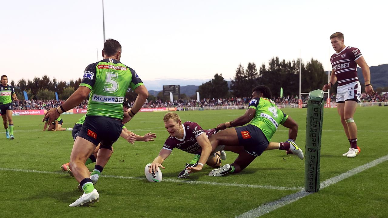 Tom Trbojevic scores for the Sea Eagles. Picture: Mark Kolbe/Getty