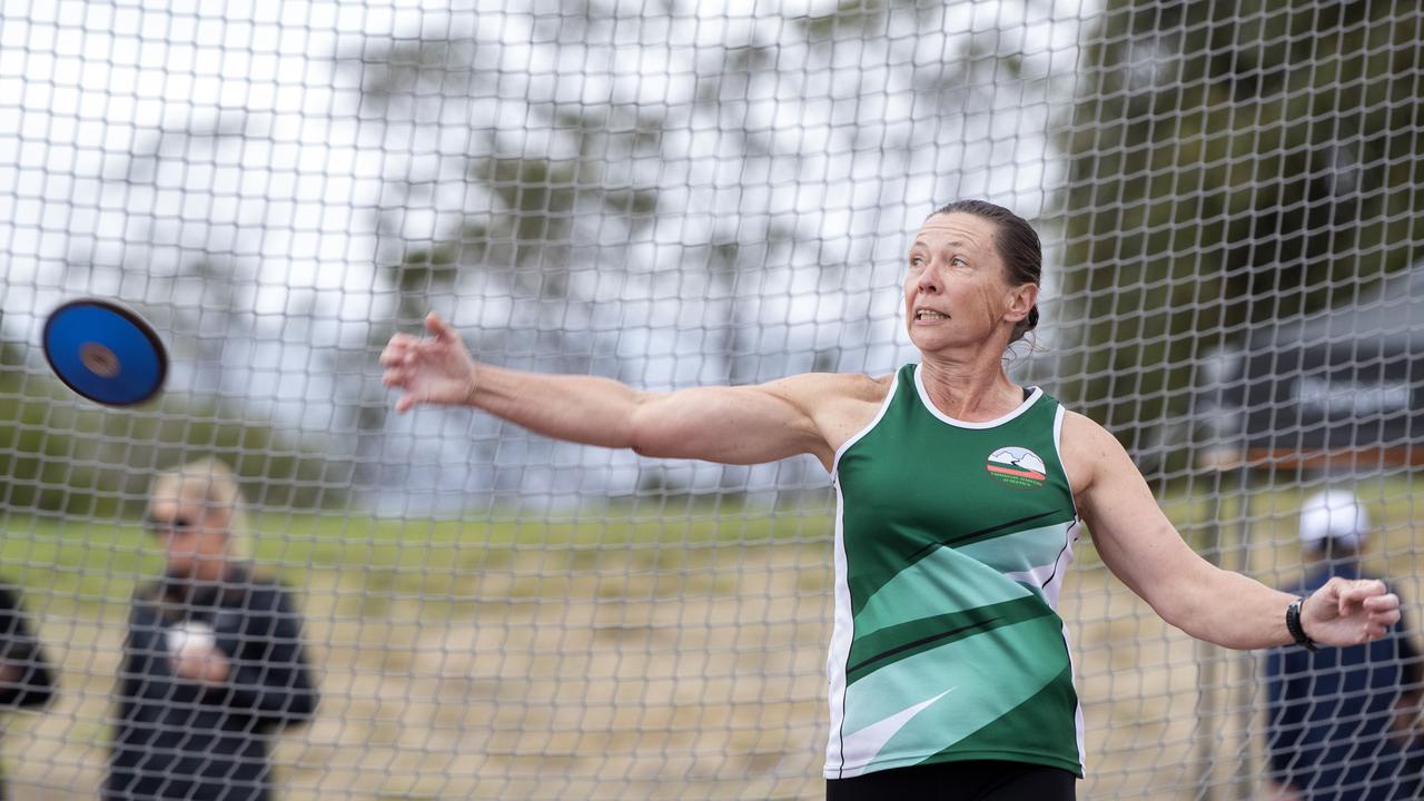 2024 Australian masters games at the Domain Athletics Centre, Cathy McKeown W50 Tas Discus National Champion. Picture: Chris Kidd