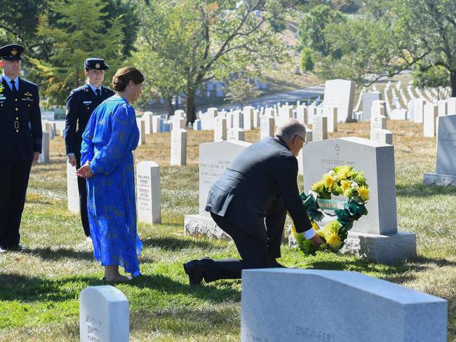 Prime Minister Morrison lays a wreath at the tomb of Australian WWII pilot Francis Milne in Washington DC. Milne is one of two Australians buried in Arlington. Picture: AAP