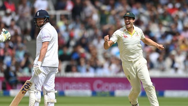 Pat Cummins celebrates the wicket of Jonny Bairstow. Picture: Gareth Copley/Getty Images