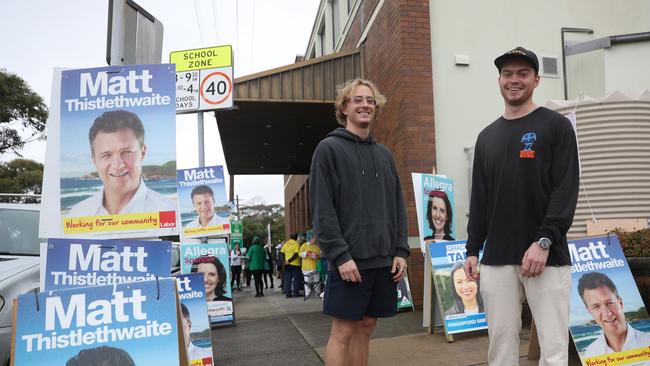 Daily Telegraph May 9/22. Pre polling at Randwick Town hall . Vox pop on voters outside Lto R Jordon Newbound and Joe Mcgaffin   has voted . picture John Grainger