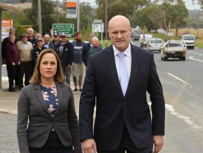 Evelyn state Liberal candidate Bridget Vallence with Croydon state Liberal MP David Hodget at the dangerous Coldstream intersection. Picture: Stuart Milligan