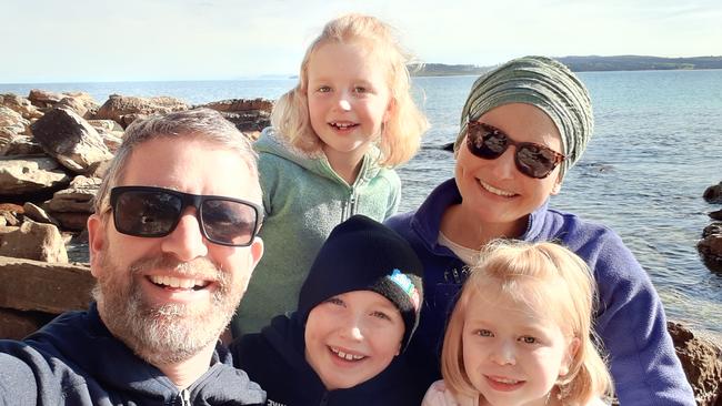 Toby Symons, Isla Symons, 7, Campbell Symons, 8, Claire Symons and Elsie Symons, 5 on their Homely Retreats trip at Spring Beach, Orford. SOURCE: SUPPLIED.