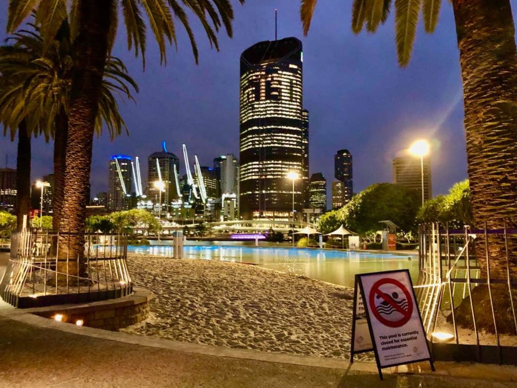 A deserted South Bank Lagoon on Friday night as Brisbane enters a three-day lockdown.