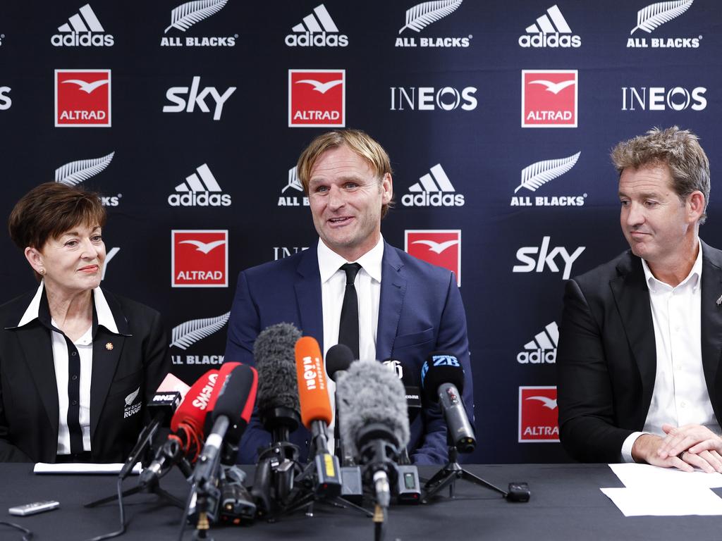 NZR Chair Dame Patsy Reddy, coach Scott Robertson and CEO Mark Robinson in 2023. Picture: Getty Images