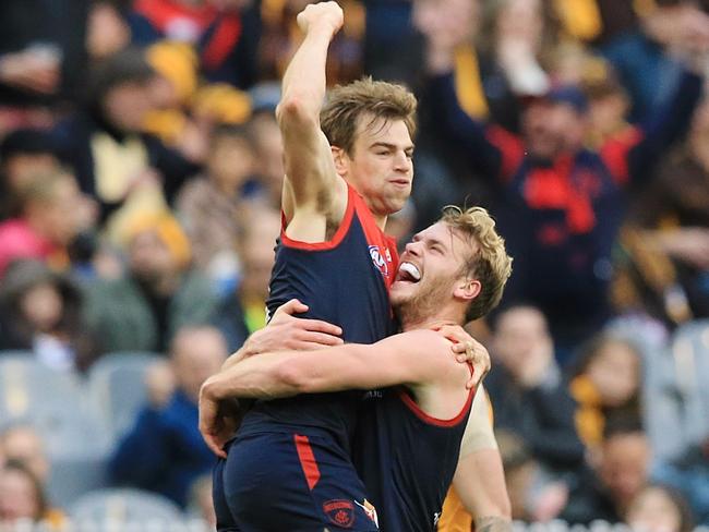 Dom Tyson and Jack Watts celebrate a goal against Hawthorn. Picture: Wayne Ludbey