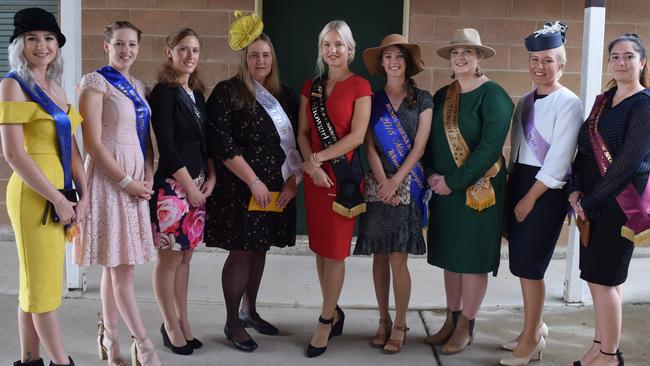 MISS SHOWGIRL JUDGING: Charlie Hartwig (Eidsvold), Nicole Strathdee (Bundaberg), Emily Bust (Biggenden), Courtney Wallace (Mt Perry), Laura Campbell (Gin Gin), Sara Darrow (Mundubbera), Allie Emmerton (Gayndah), Emily Rockemer (Teebar) and Elizabeth Dades Glase (Monto).