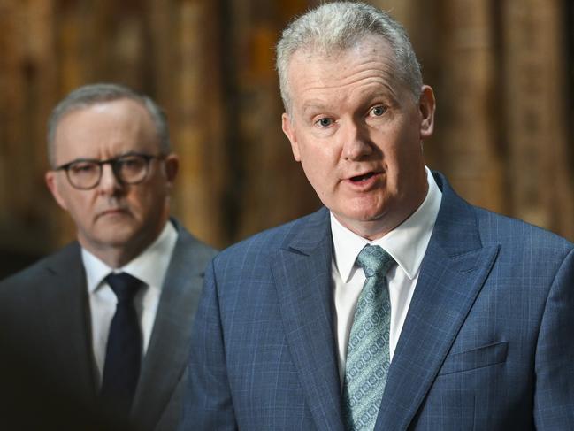 CANBERRA, AUSTRALIA - APRIL 5: Prime Minister of Australia Anthony Albanese, Senator Katy Gallagher and Minister for the Arts Tony Burke address the media during a visit to the National Gallery of Australia in Canberra. Picture: NCA NewsWire / Martin Ollman