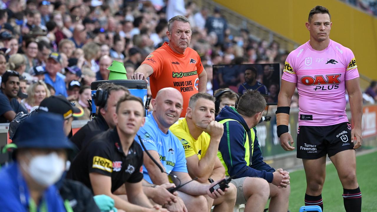 Trainer Hayden Knowles (light blue shirt) on the bench during Penrith’s preliminary final against Melbourne last weekend. Picture: NRL Images