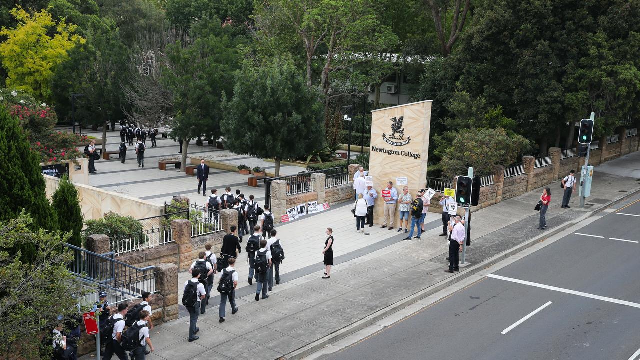 A protest against the co-ed plan was held outside Newington on first day of the 2024 academic year. Picture: NCA NewsWire / Gaye Gerard