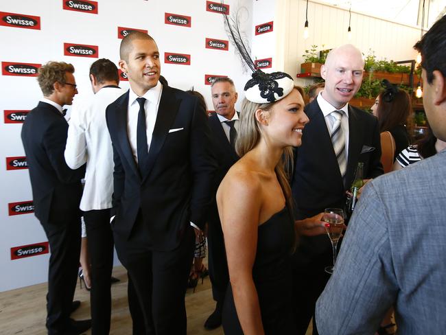 The Bachelor final pair, Blake Garvey and Sam Frost seen in the Swisse marquee in the Birdcage at Derby Day 2014. Picture: Bradley Hunter