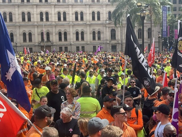 CFMEU protesters gather in Queens Square to protest the appointment of administrators by the federal government. Picture: Steve Pohlner