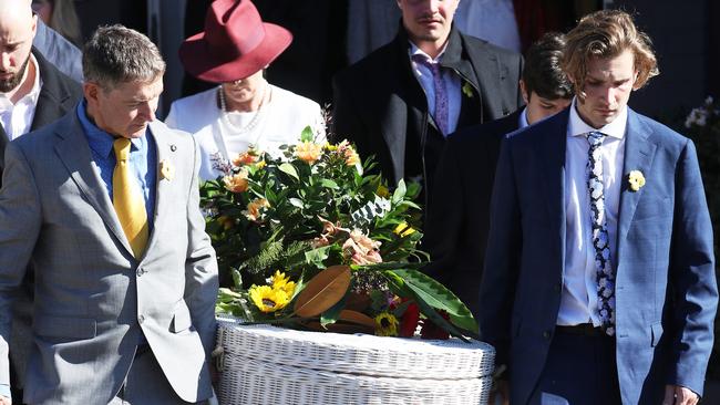 Jim Ferry and Son Christian carry Annikas casket from the Manly Life church after a moving ceremony. Picture: John Grainger