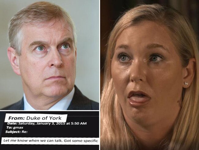 Bombshell interview: Prince Andrew accuser Virginia Giuffre, right during her BBC Panorama interview, which also uncovered an email exchange between the Prince, left, and Jeffrey Epstein's alleged "madam" Ghislaine Maxwell. Pictures: AFP/BBC Panorama