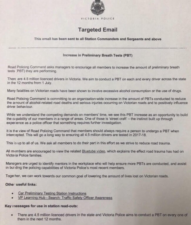 A police memo encouraging members to increase breath testing.