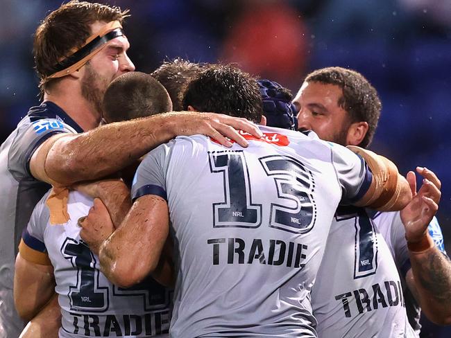 NEWCASTLE, AUSTRALIA - JULY 01: Melbourne Storm celebrate a try during the round 16 NRL match between the Sydney Roosters and the Melbourne Storm at McDonald Jones Stadium, on July 01, 2021, in Newcastle, Australia. (Photo by Ashley Feder/Getty Images)