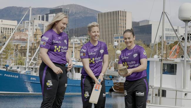 WBBL Hobart Hurricanes players Hayley Silver-Holmes, Elyse Villani and Heather Graham in 2022. Picture: Eddie Safarik