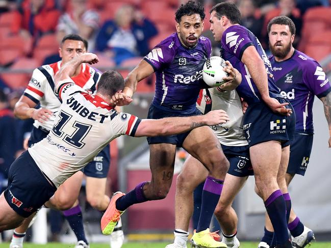 Addo-Carr breaks the line against the Sydney Roosters this year.