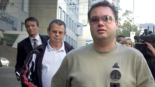 Carl Williams and his father George leaving Melbourne Magistrates Court in 2004.