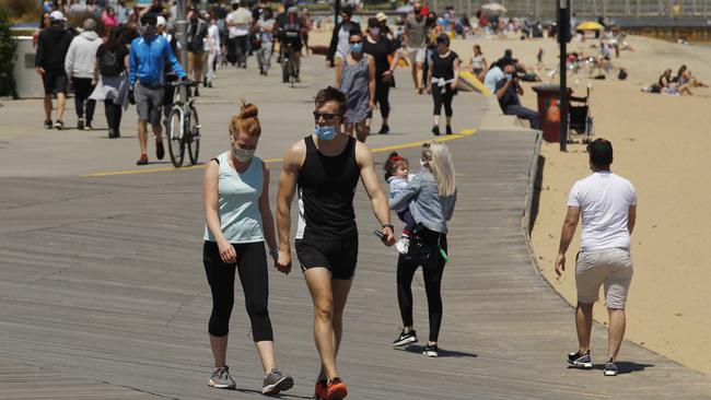 People enjoy the weather at St Kilda beach. Picture: Daniel Pockett