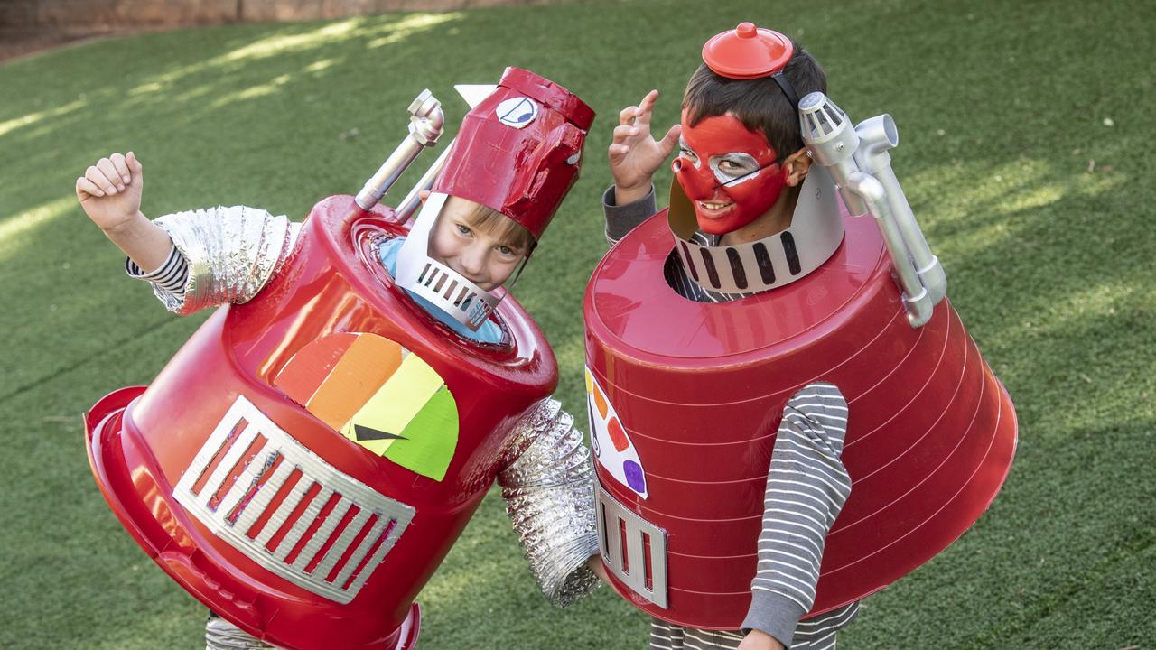 Cooper Spies (left) and Louis Ramia have fun with Bookweek activities, Toowoomba Grammar Junior School. Picture: Nev Madsen.