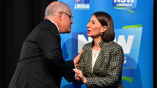 Scott Morrison is welcomed by NSW Premier Gladys Berejiklian as he delivers his federal budget lunch address in Sydney. Picture: AAP