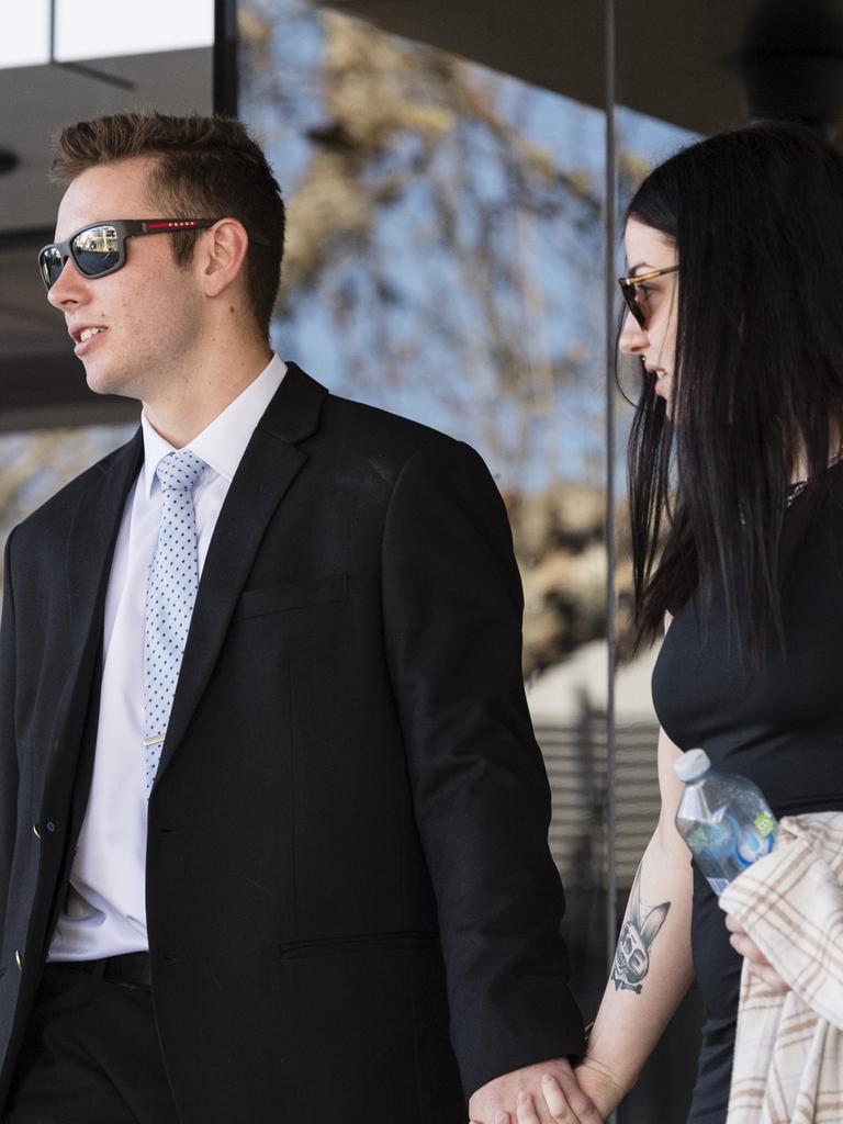 Kyle James Hibbins and Chelsea Jo Leak leaving Toowoomba Courthouse after being sentenced for armed robbery, Friday, September 1, 2023.