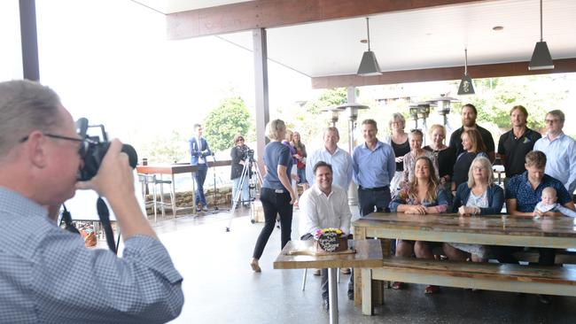 Nationals MLC Ben Franklin takes a photo of outgoing Byron mayor Simon Richardson with fellow councillors and staff no Cr Richardson's final day in the role at Ocean Shores Country Club on Friday, April 30, 2021. Picture: Liana Boss