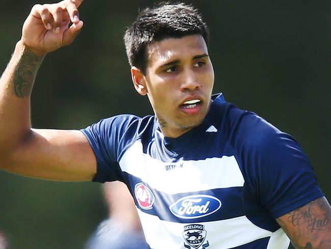 COLAC, AUSTRALIA - MARCH 11:  Tim Kelly of the Cats celebrates a goal  during the JLT Community Series AFL match between the Geelong Cats and the Essendon Bombers at Central Reserve on March 11, 2018 in Colac, Australia.  (Photo by Michael Dodge/Getty Images)