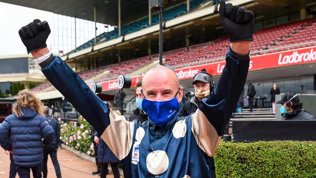 Glen Boss celebrates his fourth Cox Plate victory. Picture: Getty Images