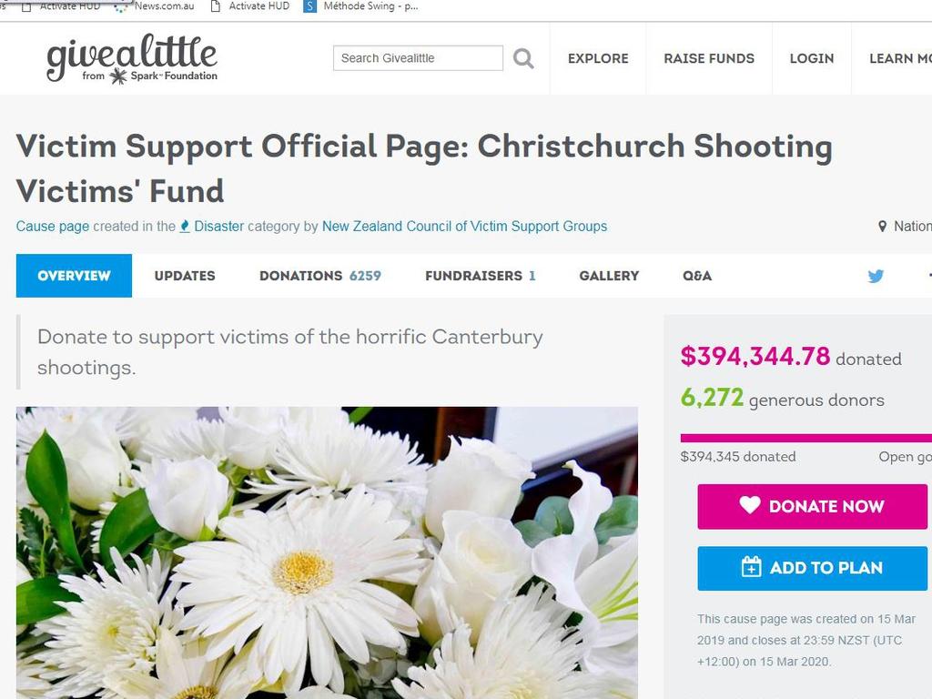 A Give A Little page has received $400,000 in donations for Christchurch victims in New Zealand. Picture: Givealittle