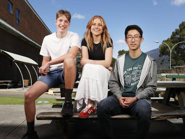 Addie Hawkes 17 who scored 99.90, Hannah Wigston 18 who scored 99.85, Jacob Ren 17 who scored 99.95 which is the highest ATAR score possible.  Some of the top TCE performers at Hobart College.  Picture: Nikki Davis-Jones