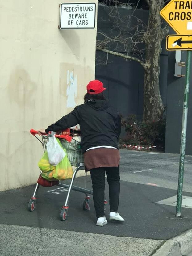 A person takes their shopping home in a trolley.