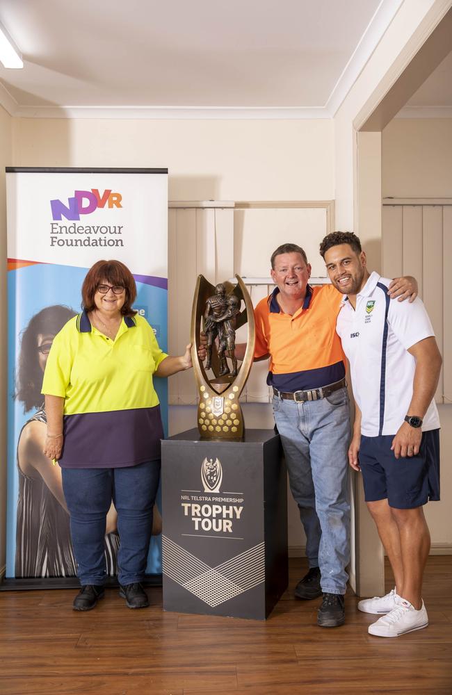 Former Cowboys player Antonio Winterstein toured Mackay with the NRL premiership trophy on Thursday, including visiting Disabilities RL participants at the Endeavour Foundation. Picture: Contributed