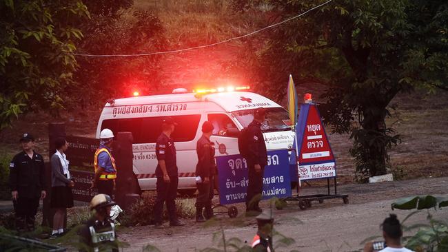 An ambulance leaving the Tham Luang cave area. Picture: AFP