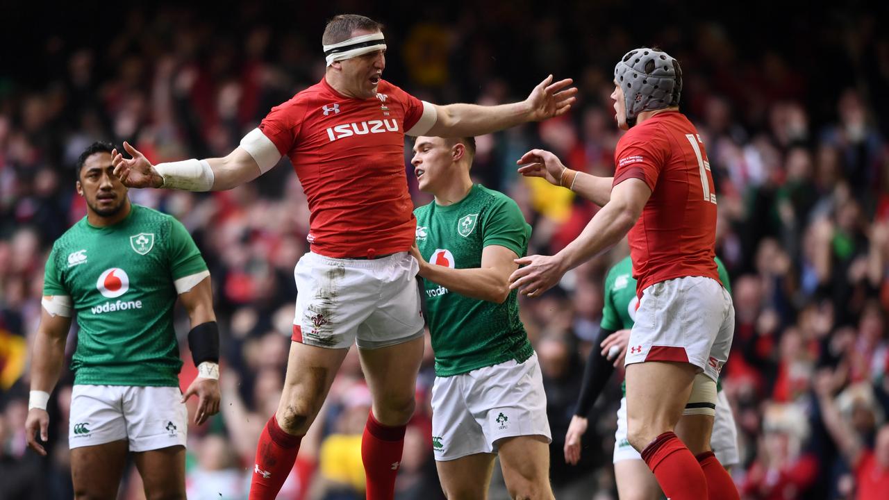 Hadleigh Parkes of Wales celebrates after scoring at Principality Stadium.