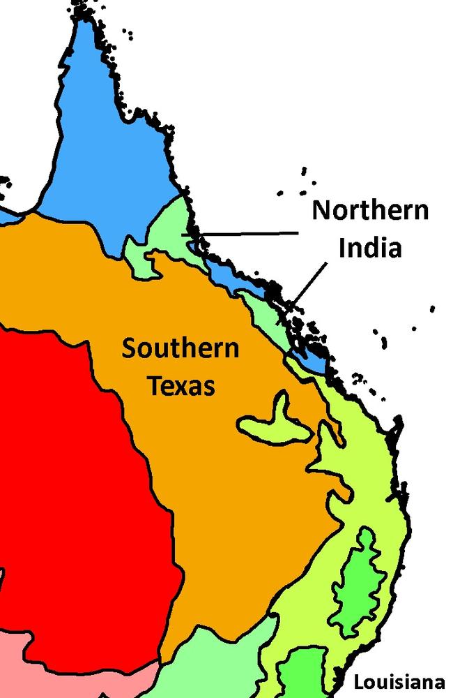 Queensland’s climate equivalents according to the Koppen system. Picture: Reddit/SeaBoss2