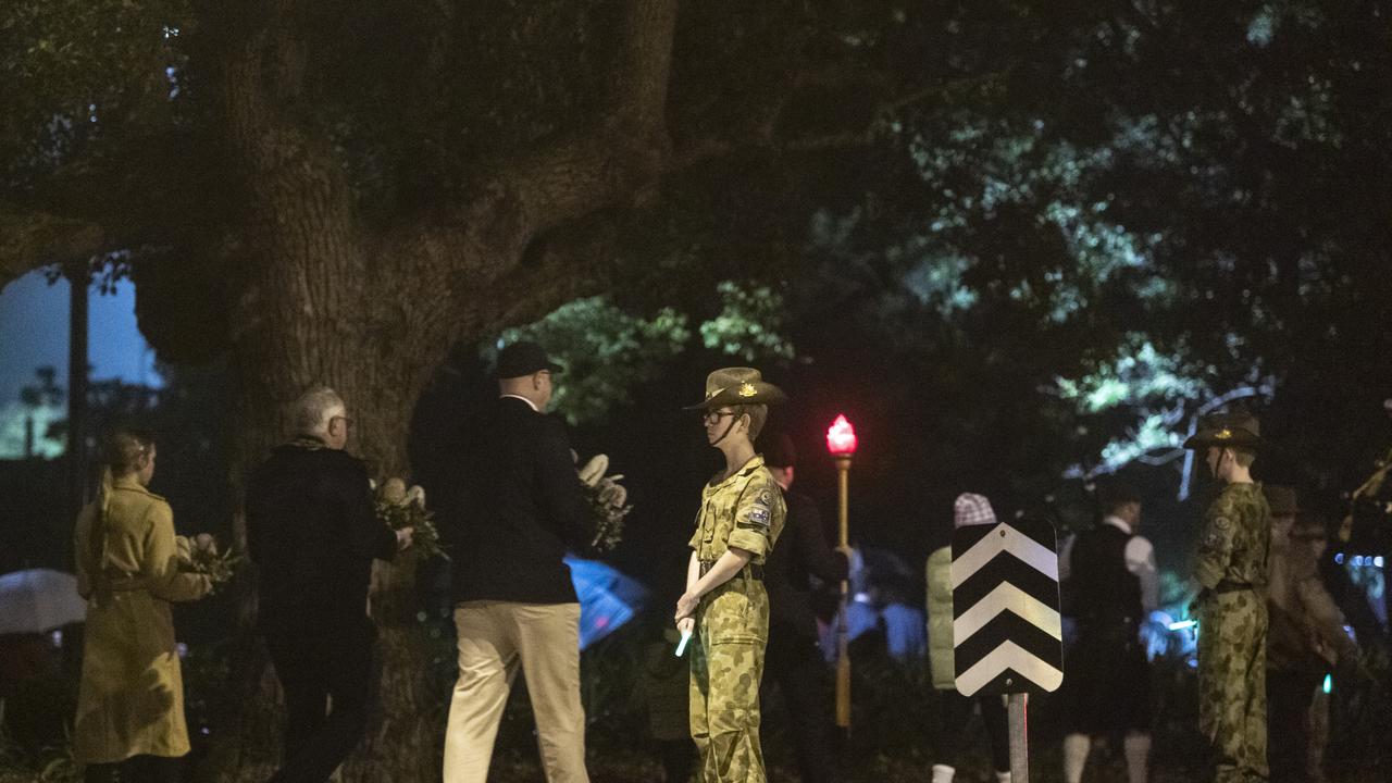 The pre-dawn march to the Anzac Day Toowoomba Dawn Service, Tuesday, April 25, 2023. Picture: Kevin Farmer