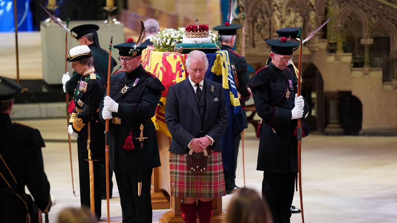 King Charles III, Prince Edward, Princess Anne and Prince Andrew hold a vigil at St Giles' Cathedral in Edinburgh in honour of Queen Elizabeth II. (Photo by Jane Barlow – WPA Pool/Getty Images)