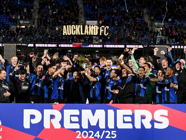 AUCKLAND, NEW ZEALAND - APRIL 27: Auckland FC celebrate with the Premiers Plate following the round 28 A-League Men match between Auckland FC and Perth Glory at Go Media Stadium, on April 27, 2025, in Auckland, New Zealand. (Photo by Hannah Peters/Getty Images)
