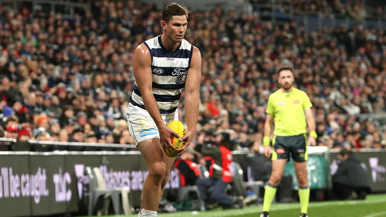 Tom Hawkins of the Cats kicks for goal during the round 18 AFL match between Geelong Cats and Essendon Bombers at GMHBA Stadium, on July 15, 2023, in Geelong, Australia. (Photo by Kelly Defina/Getty Images)