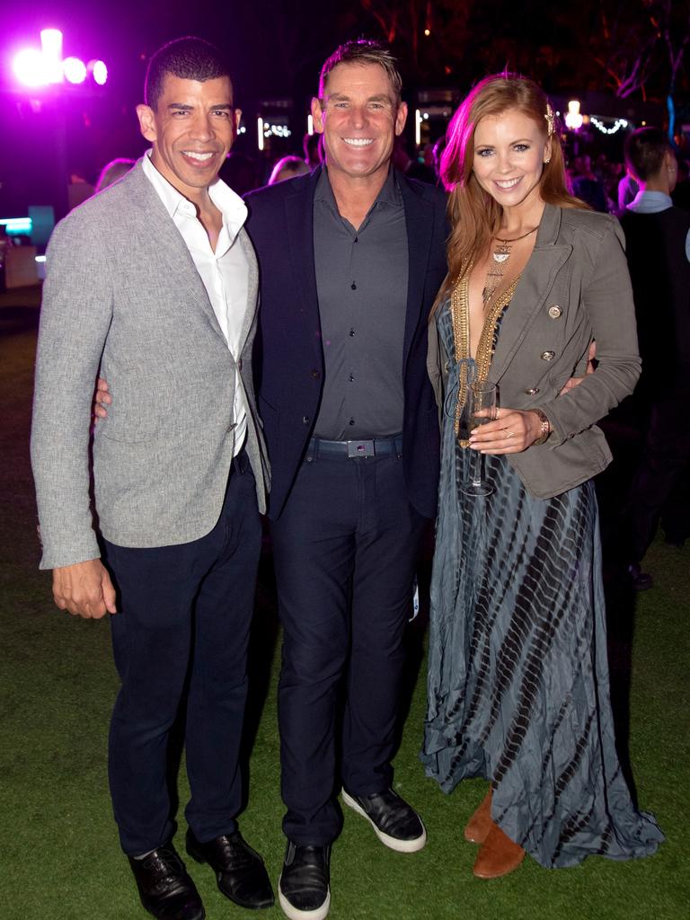 Adam Pliska, Shane Warne and Lynn Gilmartin at the World Poker Tournament Australia VIP Player’s Party. Picture: Andrew Meadowcroft.