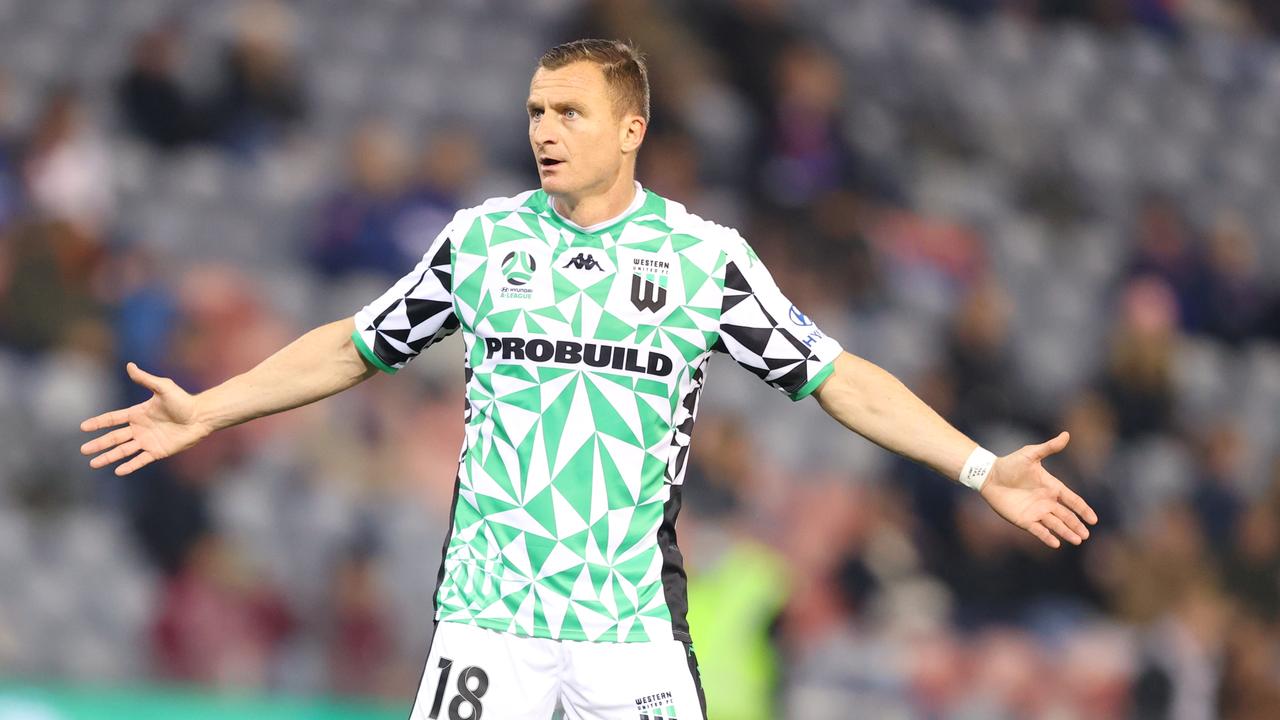 Western United’s Besart Berisha reacts during his side’s costly 1-0 loss to Newcastle. Picture: Getty