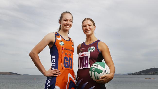 Alanna Cooper South East Suns and Ashleigh Probert-Hill Cripps Waratah.  Tasmanian Netball League season launch 2025.  Picture: Nikki Davis-Jones