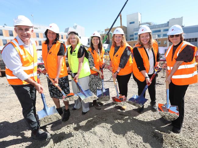 Paul Ritchie of Built, Christine Couzens MP, Barwon Health Chair of Barwon Health board, Alison Marchant MP, Minister for Health Infrastructure Melissa Horne, Ella George MP and Priscille Radice of VHBA. Picture: Alan Barber