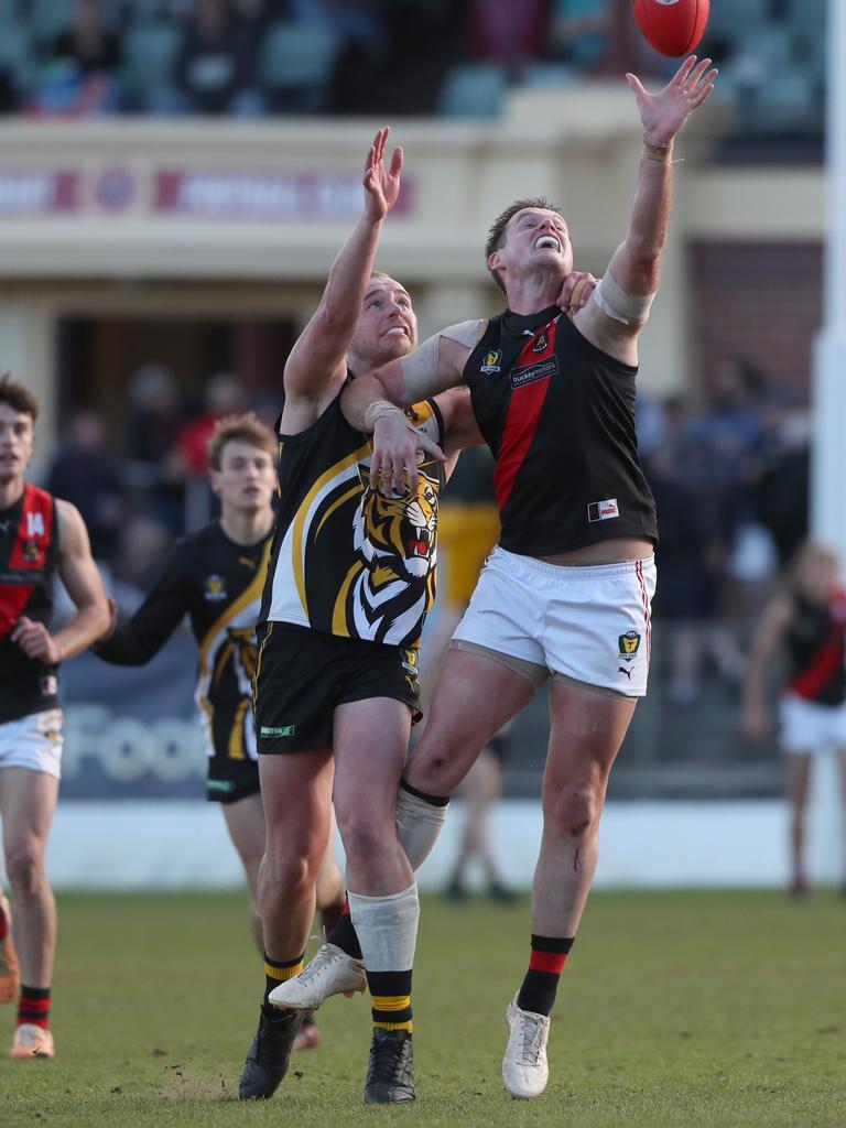 Marcus Gardner Tigers and Alex Lee North Launceston. TSL grand final Kingborough Tigers V North Launceston. Picture: Nikki Davis-Jones