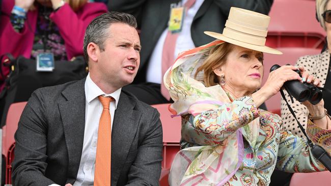 MELBOURNE, AUSTRALIA - OCTOBER 28: Trainers Gai Waterhouse and Adrian Bott are seen watching Race 3, the Powerflo Solutions Tesio Stakes, during Melbourne Racing at Moonee Valley Racecourse on October 28, 2023 in Melbourne, Australia. (Photo by Vince Caligiuri/Getty Images)