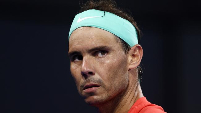 BRISBANE, AUSTRALIA - JANUARY 04: Rafael Nadal of Spain looks on in his match against Jason Kubler of Australia during day five of the  2024 Brisbane International at Queensland Tennis Centre on January 04, 2024 in Brisbane, Australia. (Photo by Chris Hyde/Getty Images)