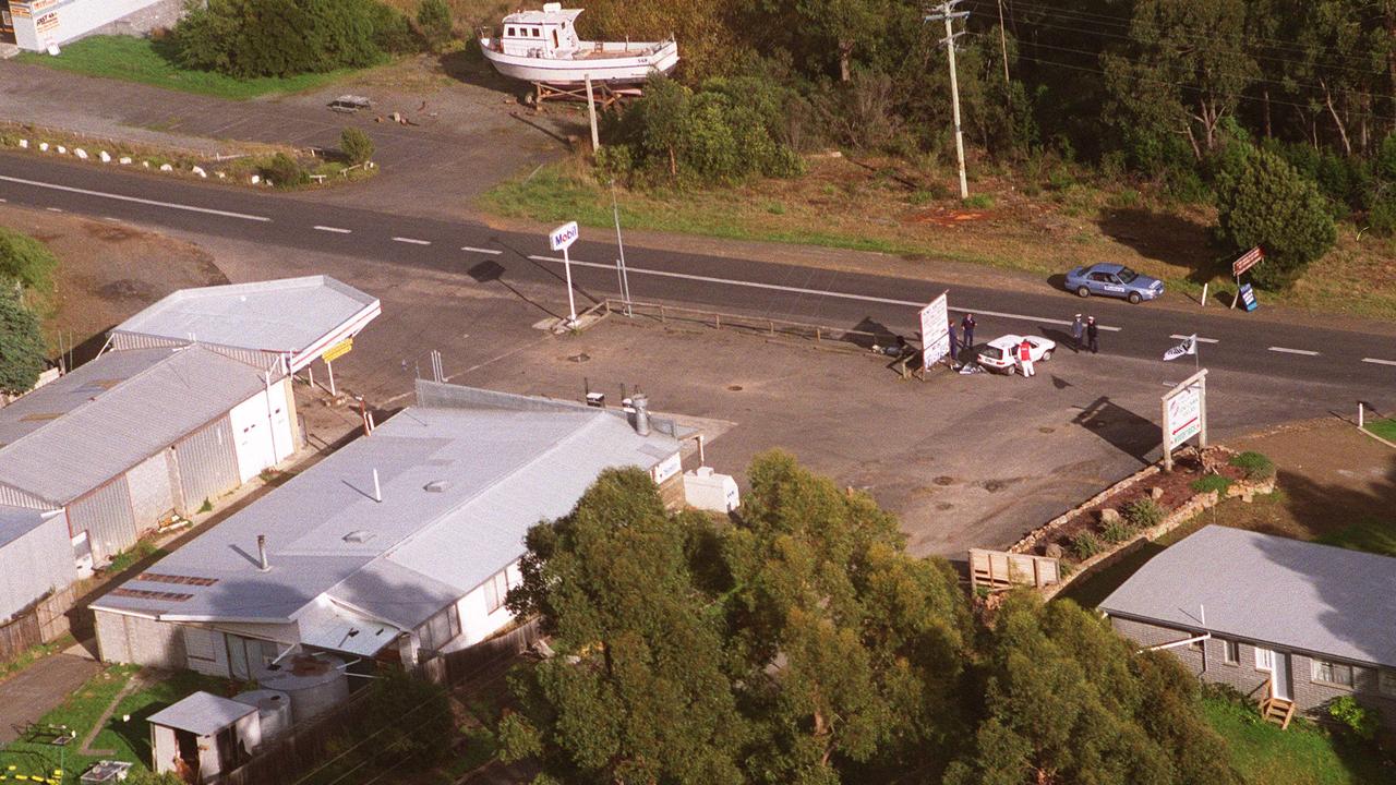 The service station area where Martin Bryant killed victims and took a man hostage, later shooting him at the Seascape Cottage.