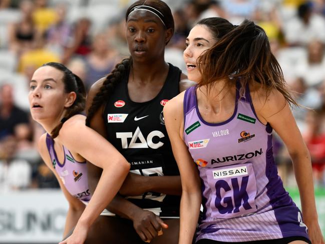Ruby Bakewell-Doran and Remi Kamo on court together for the Firebirds. Picture: Matt Roberts/Getty Images